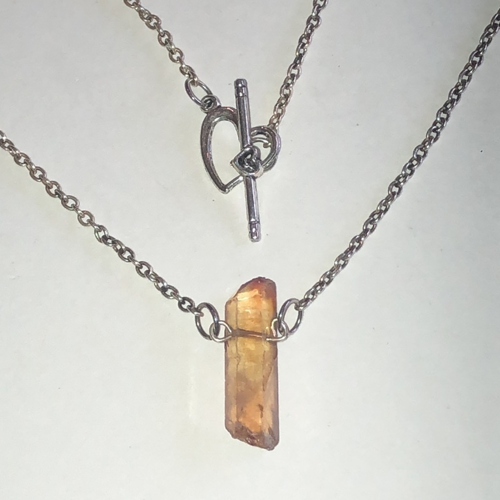 Elegant Aged Silver Tone Necklace with Rainbow Amber Pendant